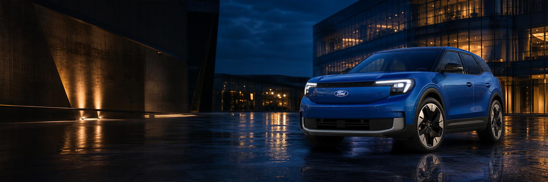 Ford Explorer EV at blue hour in a modern city setting
